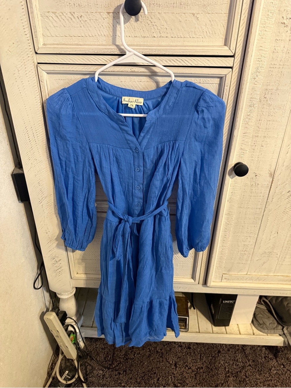 Blue Button-Front Long Sleeve Midi Dress with Tie Waist